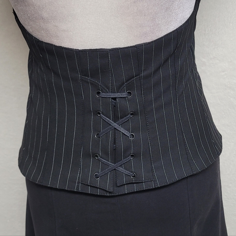 The Limited Rare Vintage Black Pinstripe Backless Halter Vest Flared Mini Skirt - Picture 9 of 15
